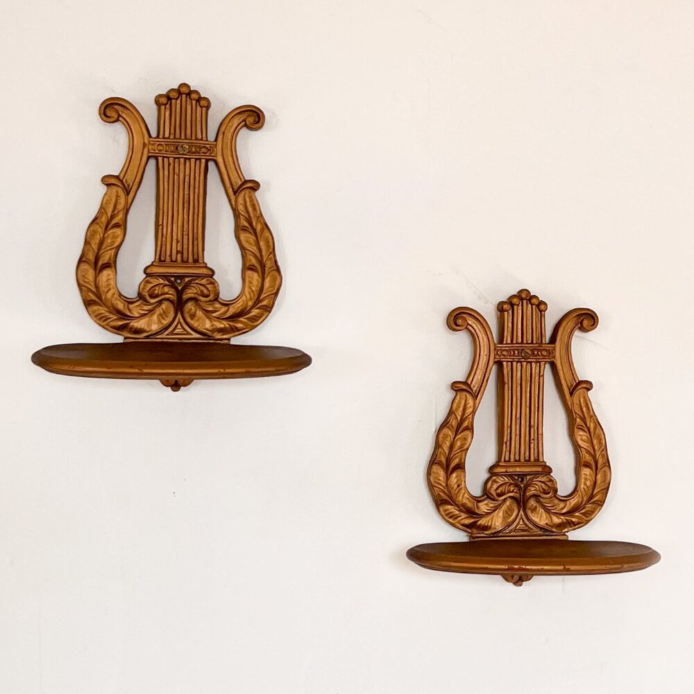 x2 Beautiful Gold Vintage Harp w/ Leaves Florentine Rococo Baroque Wall Shelves